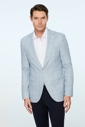  Erkek Mavi Polyester Trend Ekoseli Slim Fit Mono Yaka Ceket