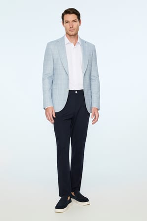  Erkek Mavi Polyester Trend Ekoseli Slim Fit Mono Yaka Ceket