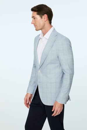  Erkek Mavi Polyester Trend Ekoseli Slim Fit Mono Yaka Ceket