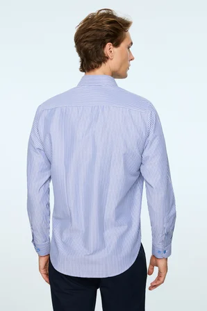 Erkek Mavi Polyester Trend Çizgili Dynamic Fit Sert Yaka Gömlek