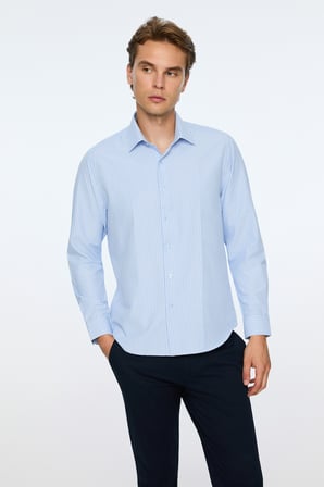  Erkek A. MAVİ Polyester Trend Çizgili Dynamic Fit Sert Yaka Gömlek