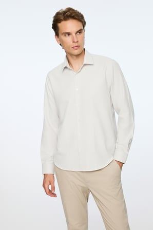 Erkek Bej Polyester Trend Desenli Dynamic Fit Sert Yaka Gömlek