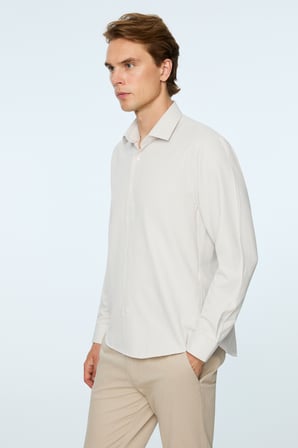  Erkek Bej Polyester Trend Desenli Dynamic Fit Sert Yaka Gömlek