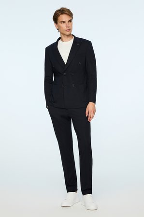  Erkek Lacivert Rayon Trend Düz Slim Fit Sivri Yaka Kruvaze Takım Elbise