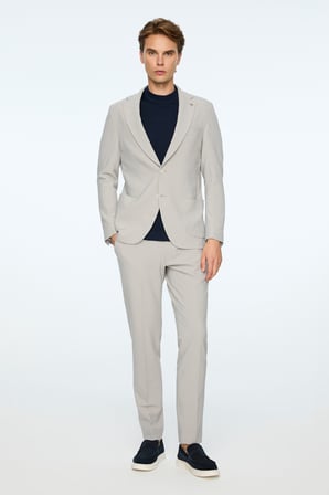  Erkek Gri Poliviskon Trend Çizgili Slim Fit Mono Yaka Takım Elbise