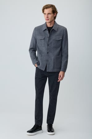  Erkek Gri Trend Yünlü Safari Model Dinamik Fit Gömlek Ceket