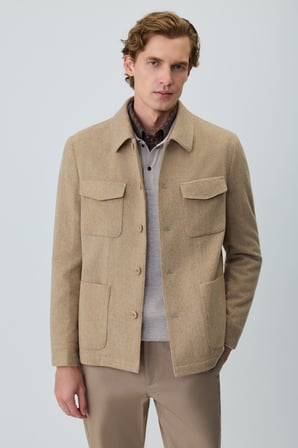  Erkek Bej Trend Yünlü Safari Model Dinamik Fit Gömlek Ceket