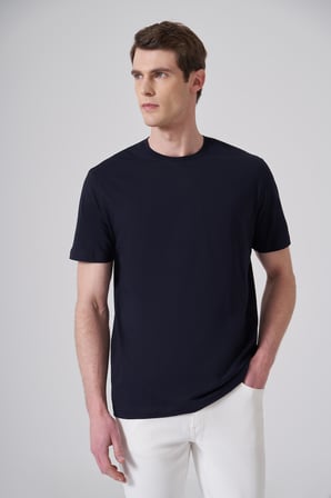  Erkek Lacivert Basic Bisiklet Yaka Dynamic Fit Pamuk T-Shirt