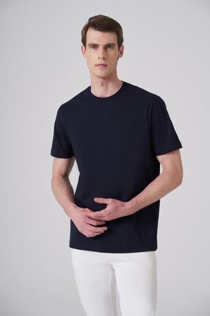  Erkek Lacivert Basic Bisiklet Yaka Dynamic Fit Pamuk T-Shirt