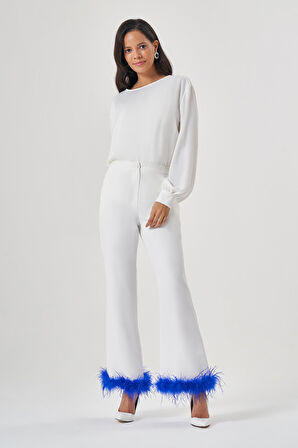 Tüylü Luxury Ekru Pantolon