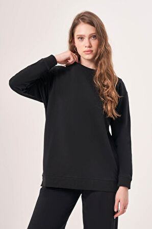 Basic İki İplik O Yaka Siyah Sweatshirt