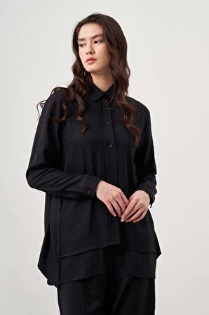 Keten Dokulu Katlı Siyah Tunik