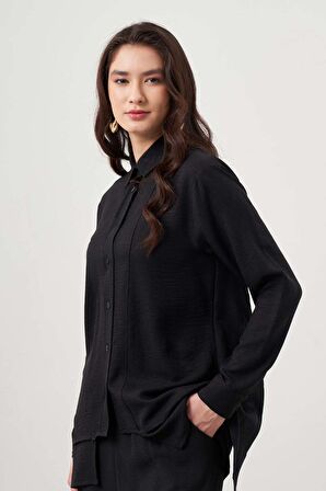 Keten Dokulu Katlı Siyah Tunik