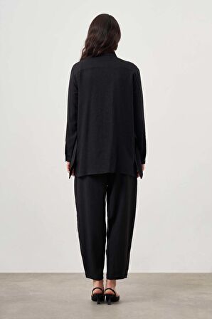 Keten Dokulu Katlı Siyah Tunik