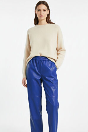 Saks Mizalle Deri Görünümlü Mavi Jogger Pantolon