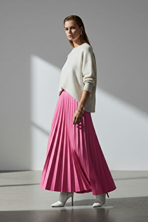 Mizalle Deri Görünümlü Piliseli Pembe Maksi Etek