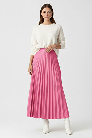 Mizalle Deri Görünümlü Piliseli Pembe Maksi Etek