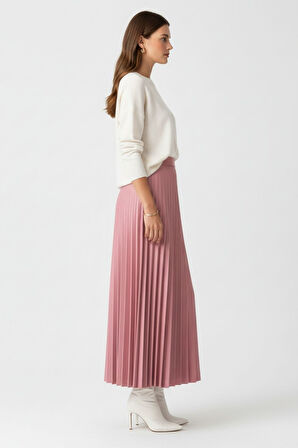 Mizalle Deri Görünümlü Piliseli Pudra Maksi Etek