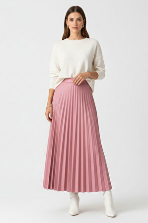 Mizalle Deri Görünümlü Piliseli Pudra Maksi Etek