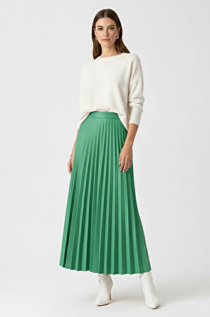 Mizalle Deri Görünümlü Piliseli Yeşil  Maksi Etek