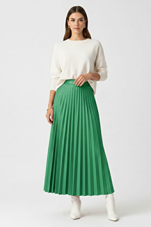 Mizalle Deri Görünümlü Piliseli Yeşil  Maksi Etek