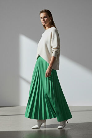 Mizalle Deri Görünümlü Piliseli Yeşil  Maksi Etek