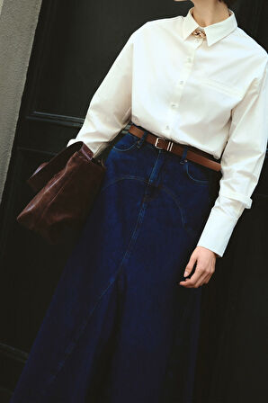 Mizalle Parça Volanlı Lacivert Maksi Denim Etek