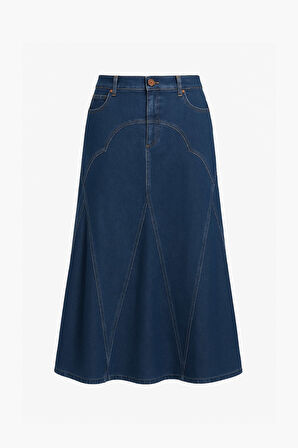 Mizalle Parça Volanlı Lacivert Maksi Denim Etek