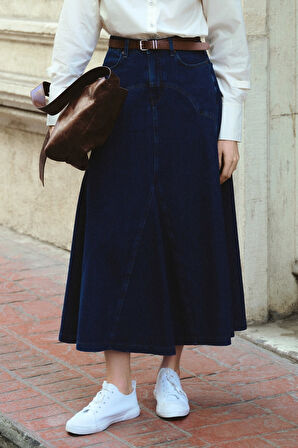 Mizalle Parça Volanlı Lacivert Maksi Denim Etek