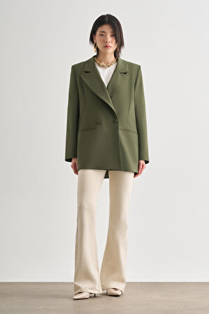 Mizalle Oversize Çift Yırtmaçlı Haki Blazer Ceket