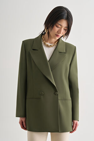 Mizalle Oversize Çift Yırtmaçlı Haki Blazer Ceket