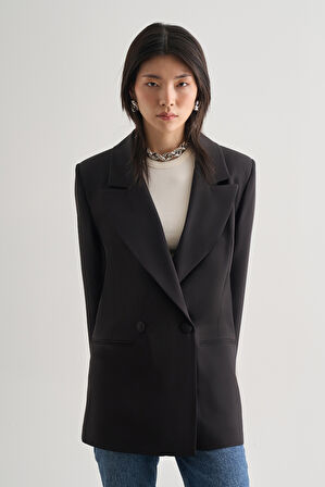 Mizalle Oversize Çift Yırtmaçlı Siyah Blazer Ceket