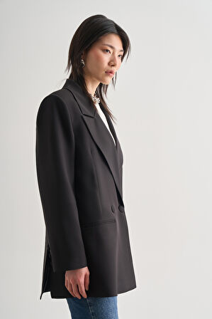 Mizalle Oversize Çift Yırtmaçlı Siyah Blazer Ceket