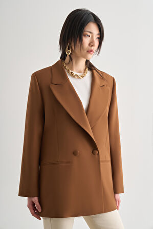 Mizalle Oversize Çift Yırtmaçlı Kahverengi Blazer Ceket