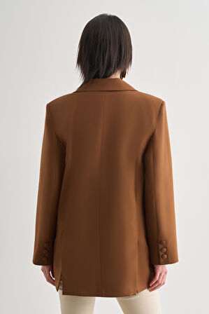 Mizalle Oversize Çift Yırtmaçlı Kahverengi Blazer Ceket