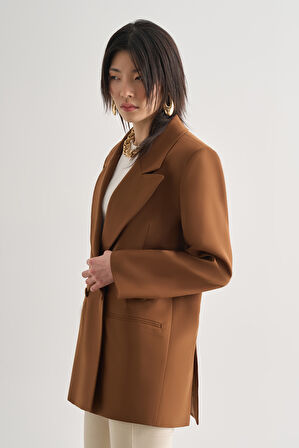 Mizalle Oversize Çift Yırtmaçlı Kahverengi Blazer Ceket