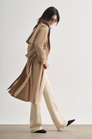 Mizalle Premium Pamuk Karışımlı Bej Rengi Uzun Trençkot