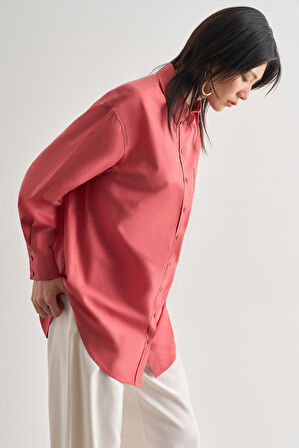 Mizalle Premium Saf Pamuk Şeftali Rengi Oversize Gömlek