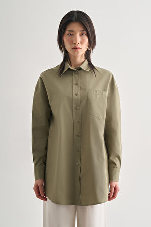 Mizalle Premium Saf Pamuk Haki Oversize Gömlek
