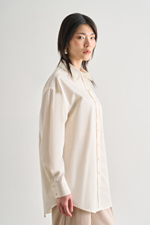 Mizalle Premium Saf Pamuk Ekru Oversize Gömlek