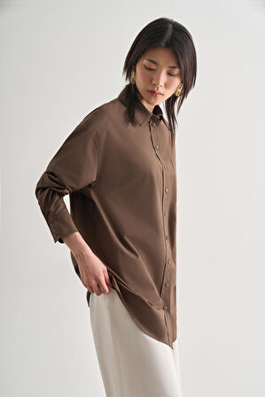 Mizalle Premium Saf Pamuk Kahverengi Oversize Gömlek