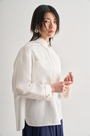 Mizalle Premium Saf Pamuk Oversize Ekru Ceket Gömlek