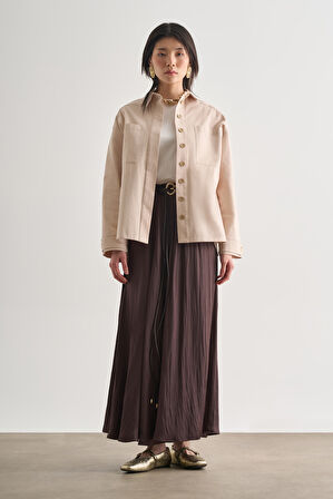 Mizalle Premium Saf Pamuk Oversize Bej Rengi Ceket Gömlek