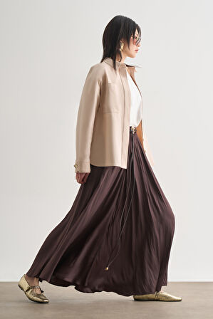 Mizalle Premium Saf Pamuk Oversize Bej Rengi Ceket Gömlek