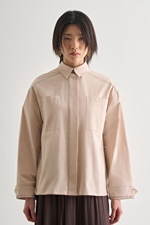 Mizalle Premium Saf Pamuk Oversize Bej Rengi Ceket Gömlek