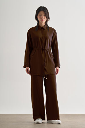 Acı Kahve Mizalle Çift Cepli Beli İp Büzgülü Modal Kahverengi Tunik