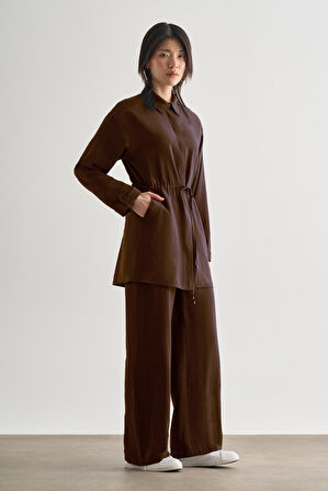 Acı Kahve Mizalle Çift Cepli Beli İp Büzgülü Modal Kahverengi Tunik
