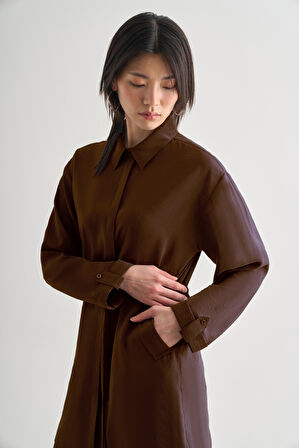 Acı Kahve Mizalle Çift Cepli Beli İp Büzgülü Modal Kahverengi Tunik