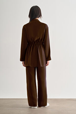 Acı Kahve Mizalle Çift Cepli Beli İp Büzgülü Modal Kahverengi Tunik