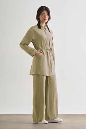 Mizalle Çift Cepli Beli İp Büzgülü Modal Su Yeşili Tunik